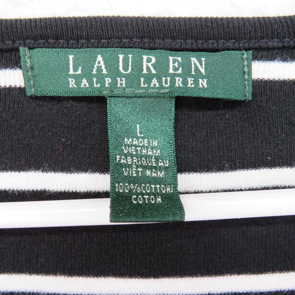 Ralph Lauren Sweater Size Large Black White Striped Gold Tone Logo Accent V Neck - Picture 5 of 9